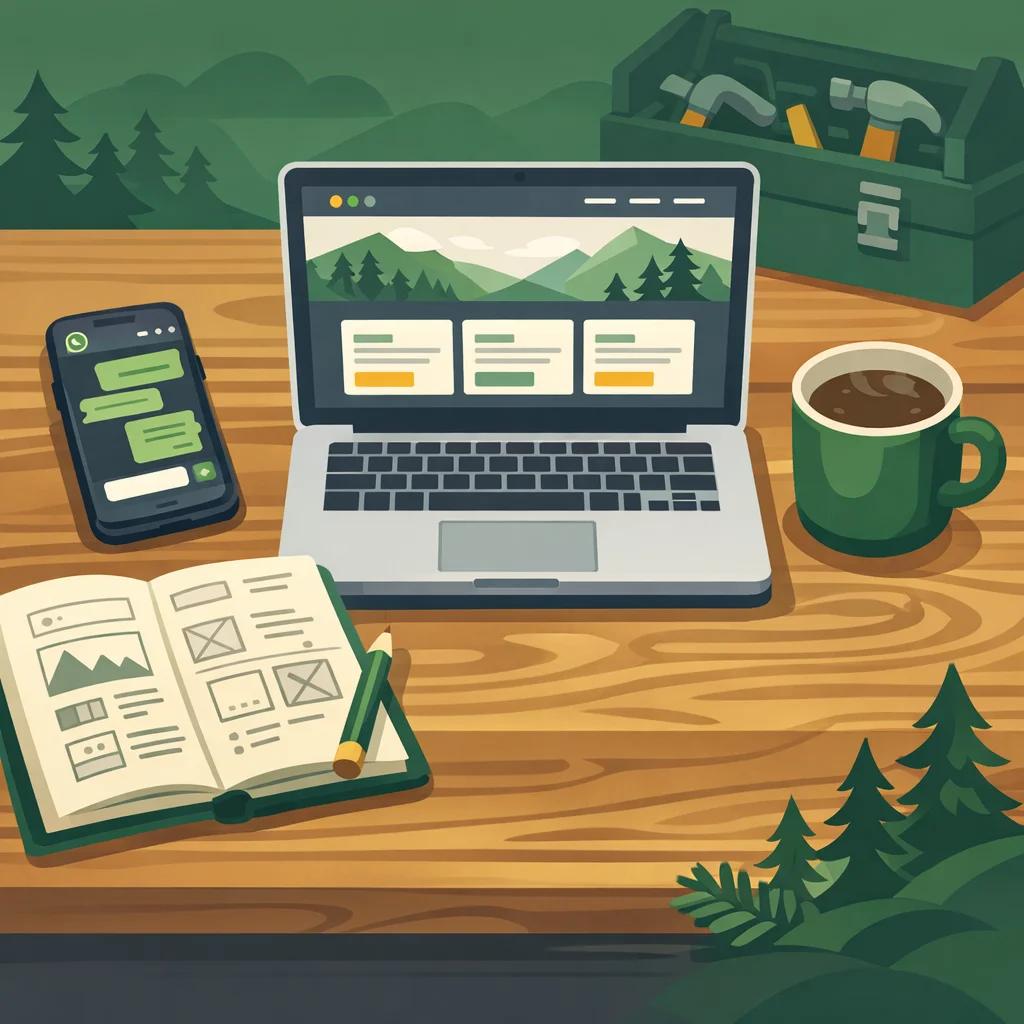 Ein Schreibtisch von oben fotografiert mit einem aufgeklappten Laptop, daneben ein Smartphone mit WhatsApp-Chat, ein Notizbuch mit Skizzen von Website-Layouts, eine Kaffeetasse und im Hintergrund verschwommen ein Werkzeugkasten – symbolisiert die Verbindung von Handwerk und Webdesign.