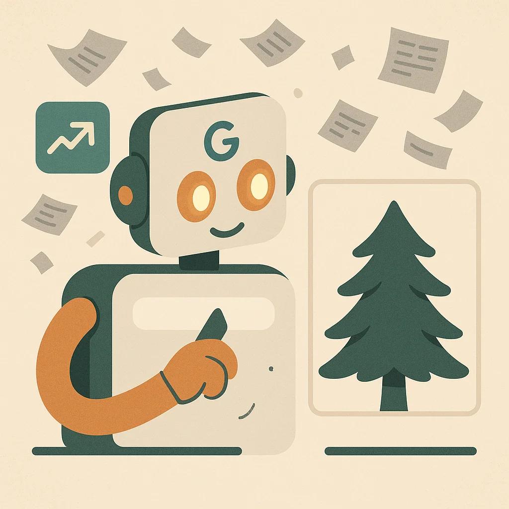 Eine stilisierte Google-Suchmaschine als freundlicher Roboter, der mit leuchtenden Augen auf einen immergrünen Baum blickt, während um ihn herum verblasste, graue Zeitungsschnipsel und Trend-Symbole wegfliegen.