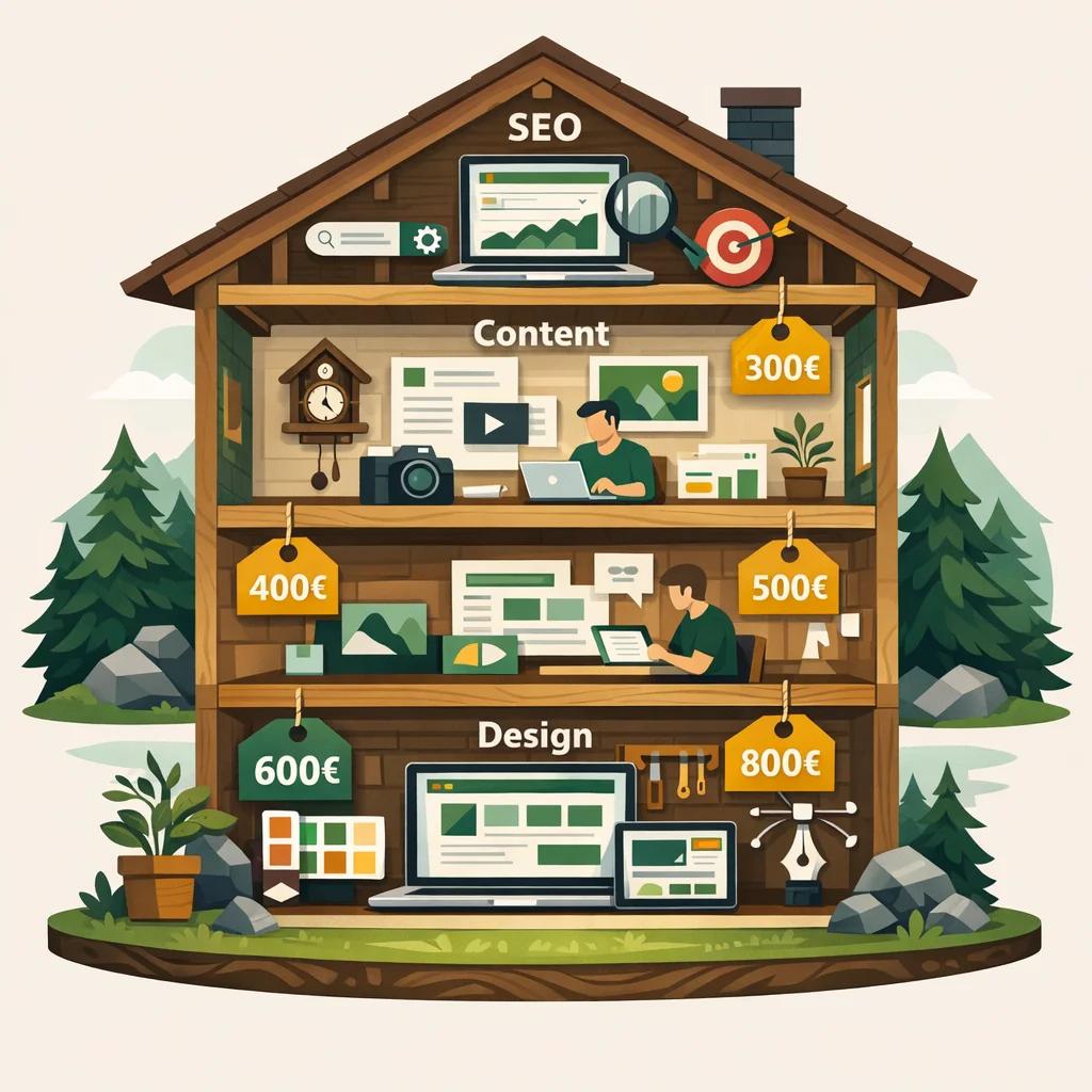 Eine aufgeschnittene Website-Illustration wie ein Querschnitt durch ein Haus, bei der verschiedene 