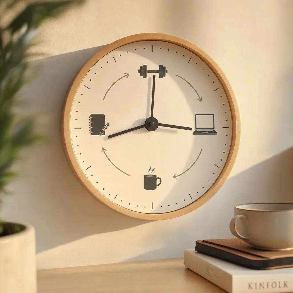 Eine stilisierte Illustration einer Uhr, deren Zeiger durch verschiedene Routine-Symbole laufen (Hantel, Laptop, Kaffee, Notizbuch) als sanfter Kreislauf, in warmen, ruhigen Farben.
