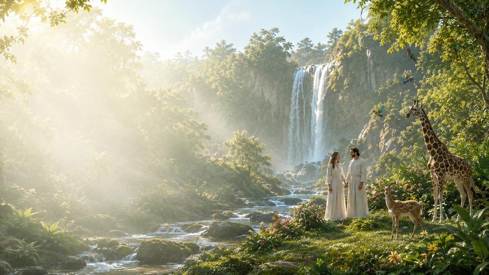 An Edenic garden filled with light, water, living greenery, and fauna.