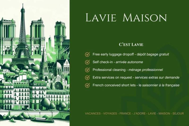 Green-toned Paris skyline illustration beside the Lavie Maison logo and a checklist of guest services.