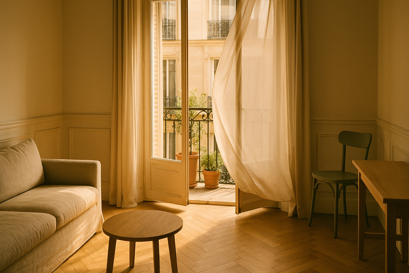 Un appartement parisien lumineux et aéré, aux hautes fenêtres ouvertes sur un balcon verdoyant par une chaude après-midi d'été