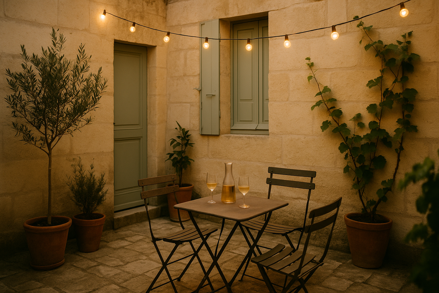 Une terrasse privée sur cour à Bordeaux au crépuscule en été, dressée avec une carafe de vin blanc
