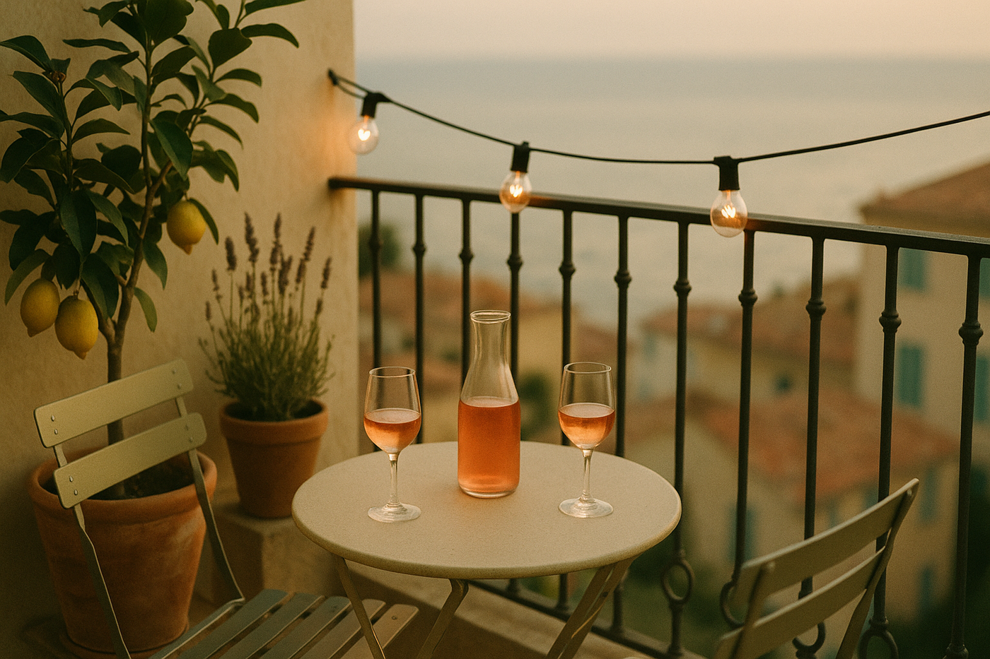 Un balcon privé niçois au crépuscule en été, dressé d'une carafe de rosé au-dessus d'une mer bleu doux
