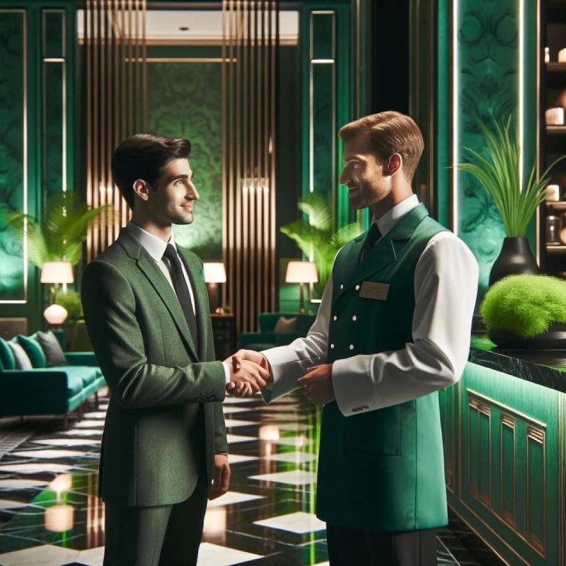 Guest in a green suit shaking hands with a concierge in an emerald-panelled lobby with brass accents.