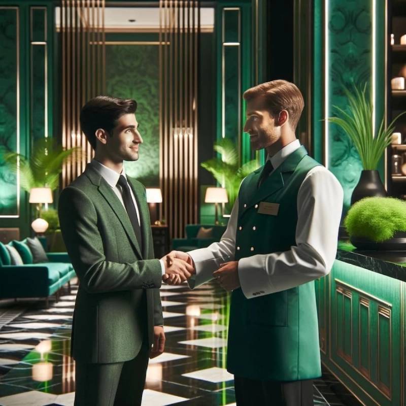 Guest in a green suit shaking hands with a concierge in an emerald-panelled lobby with brass accents.