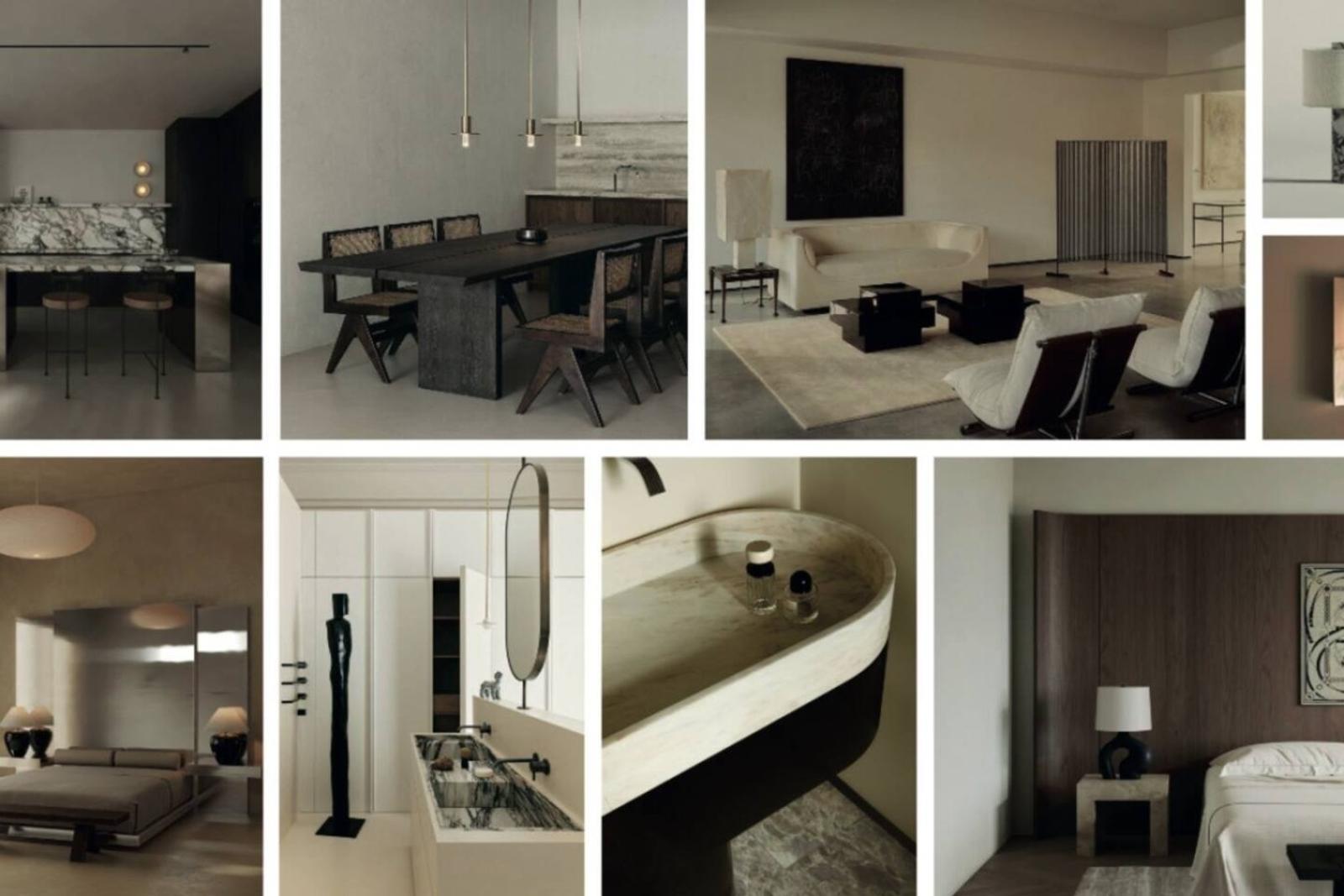 Interior collage showing marble kitchen island, dark wood dining table, sitting area, bedrooms, and stone bathtub.