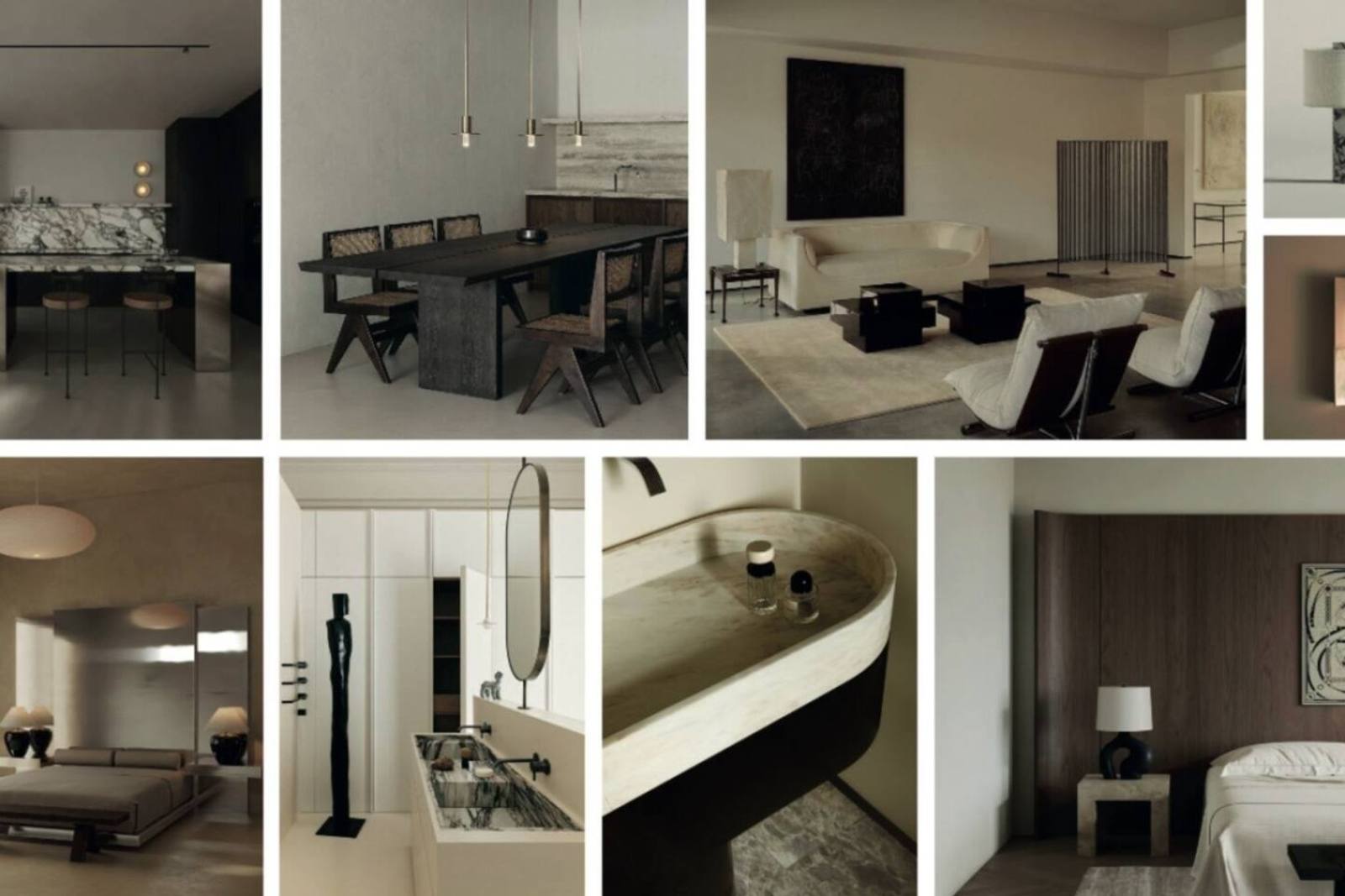 Interior collage showing marble kitchen island, dark wood dining table, sitting area, bedrooms, and stone bathtub.
