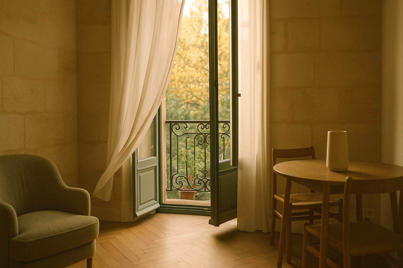Un appartement bordelais lumineux et aéré, sa haute fenêtre ouverte sur un balcon par un chaud après-midi d'été