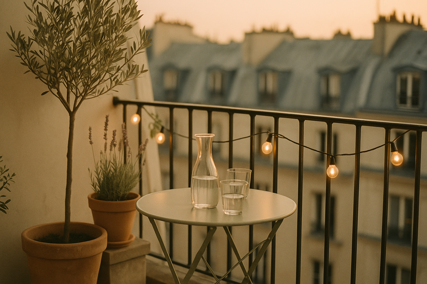 Une terrasse-balcon parisien privé au crépuscule en été, dressé pour un apéro du soir
