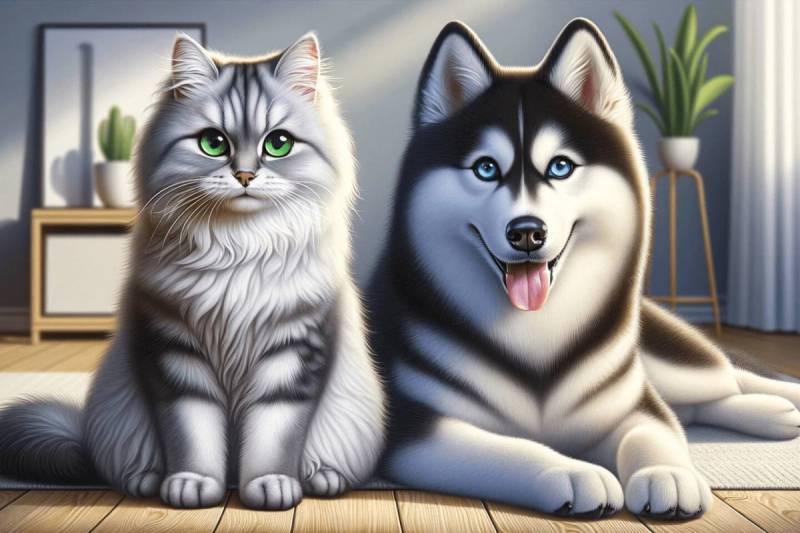 Illustrated grey cat and husky sitting together on wooden flooring beside a plant stand.