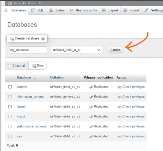 Create new database in phpMyAdmin