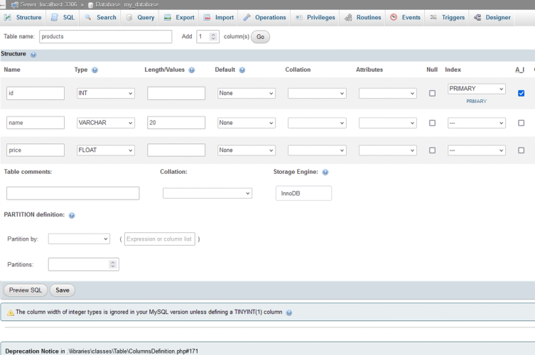 Create table in phpMyAdmin