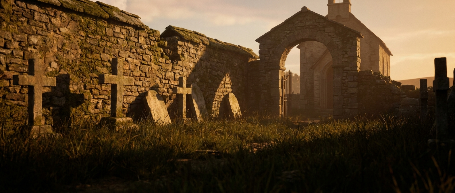 A small medieval convent cemetery with simple stone crosses beside a stone wall at dusk