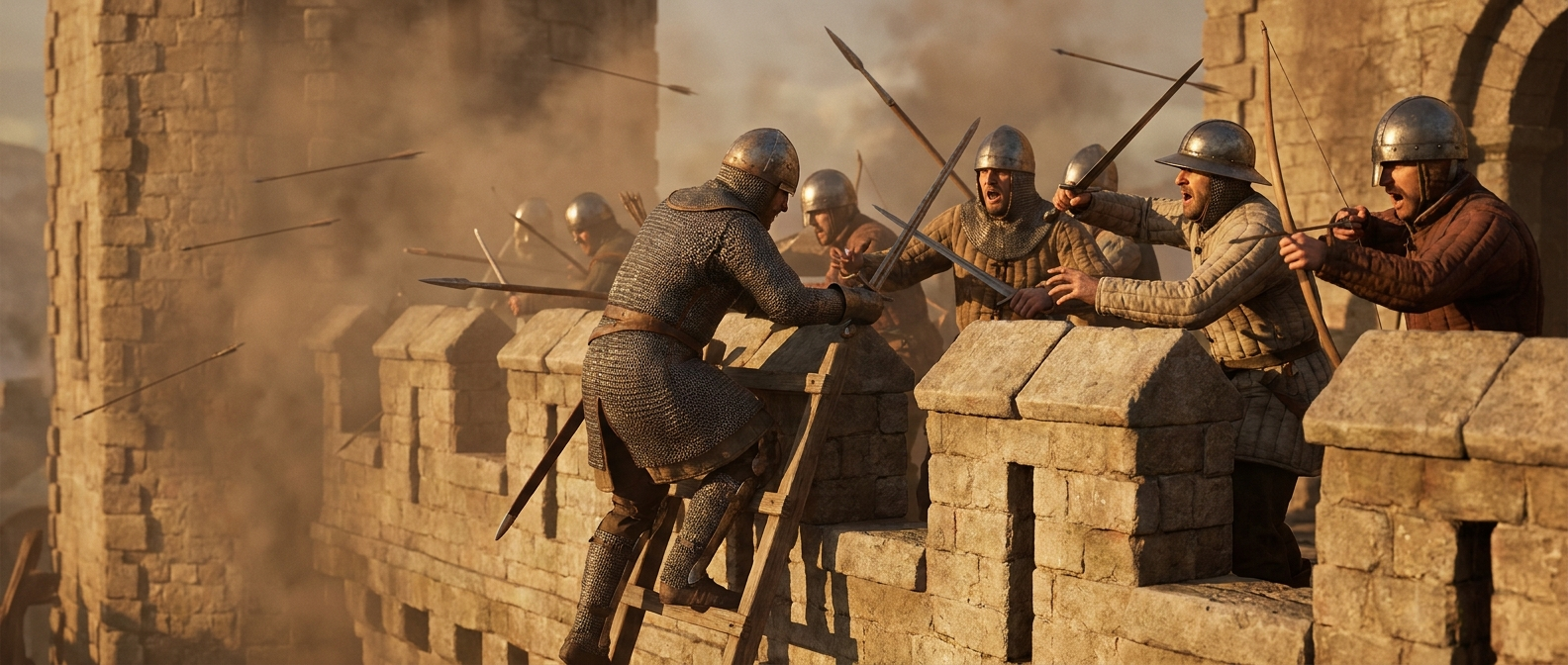 Ein Ritter in voller Rüstung klettert auf einer Sturmleiter auf eine Burgmauer, oben kämpfen Verteidiger, Pfeile fliegen