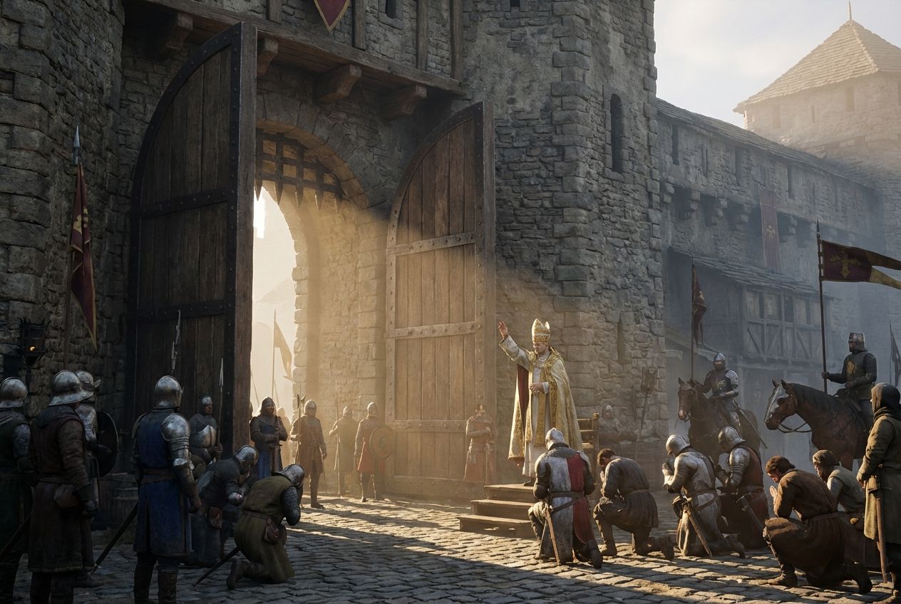A bishop in ceremonial robes blesses kneeling knights and soldiers at an open castle gate in the morning light