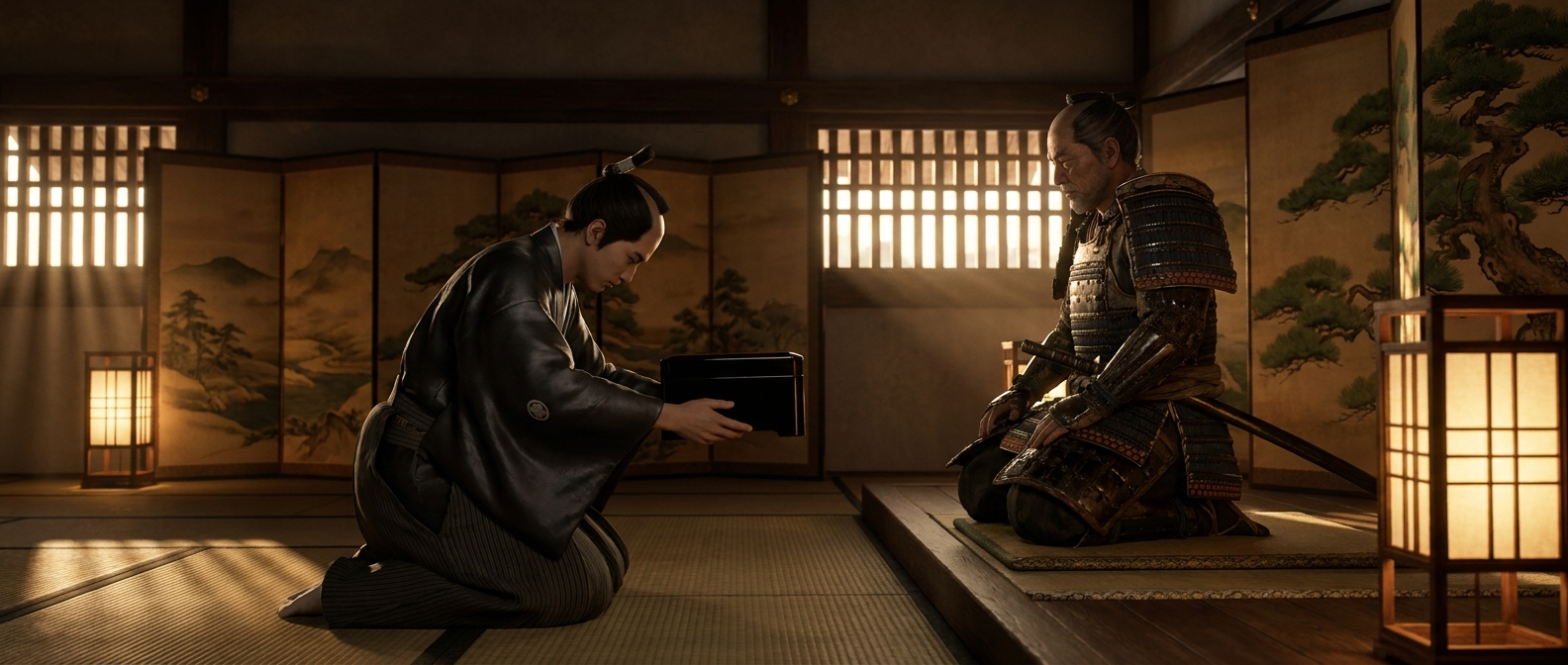 A young samurai official in a dark kimono bows in a castle hall before an older samurai general in armor and offers him a lacquered box, tatami mats and screens in the room