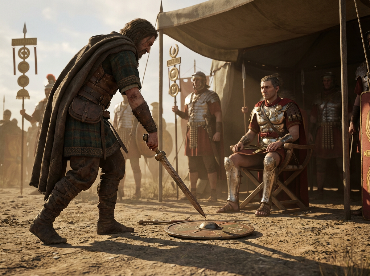 Gallic chieftain Vercingetorix lays down his sword before the seated Julius Caesar in the Roman camp at Alesia.