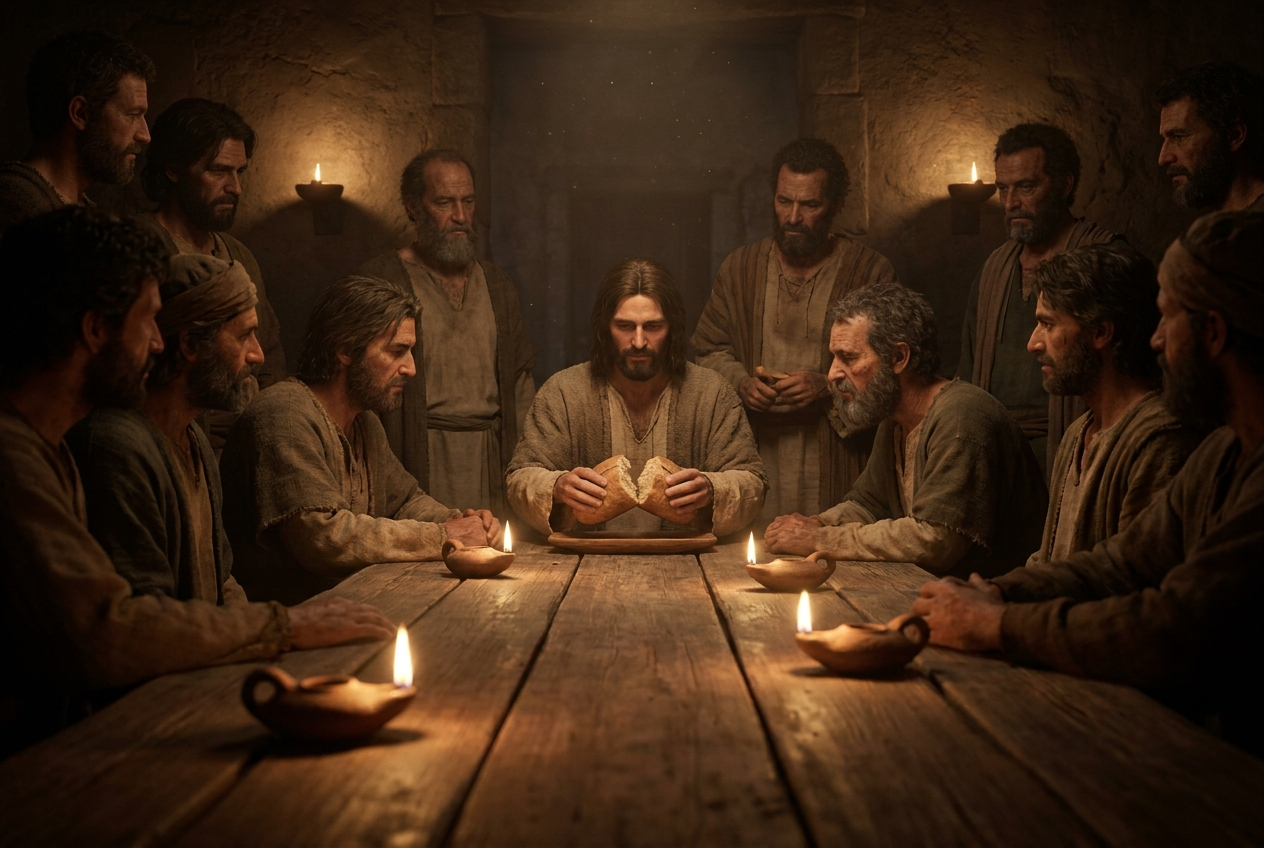 Jesus breaks bread at the Last Supper, the twelve disciples sitting and standing around him at a long wooden table lit by oil lamps