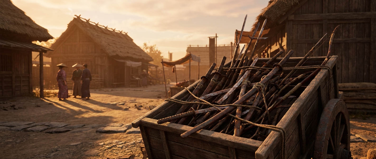 A heap of confiscated swords, spears, and bows lies on a wooden cart in a village square