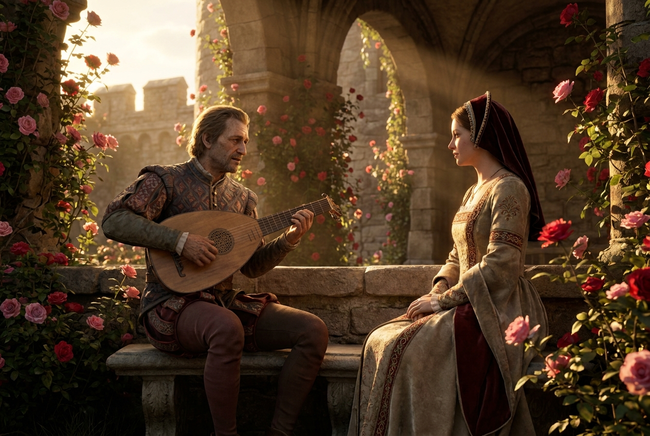 A minstrel plays the lute for a noblewoman in a long gown and hood in the rose garden of a medieval castle at sunset