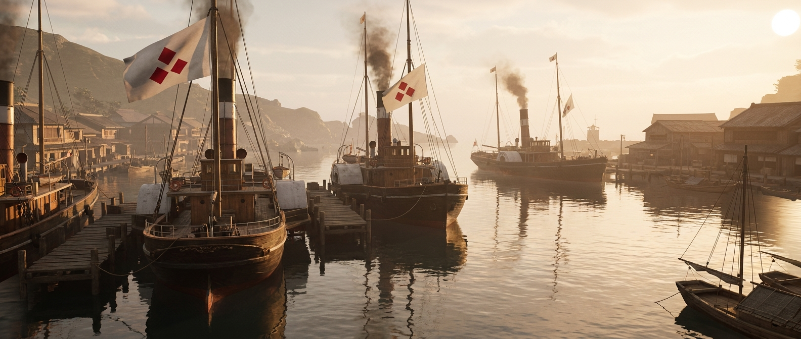 Three steamships with funnels lie in a Japanese harbor in the 1870s, white flags with three red diamonds fluttering on the masts