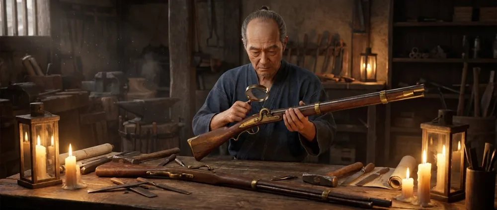 A Japanese swordsmith examines a matchlock gun in a traditional workshop, a second gun resting on the table A Japanese swordsmith examines a matchlock gun in a traditional workshop, a second gun resting on the table