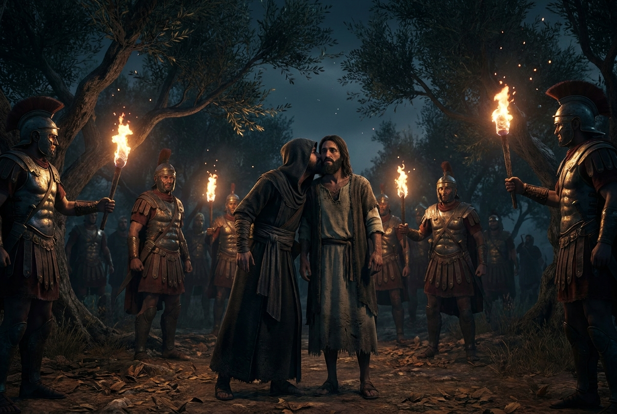 Judas kisses Jesus in an olive grove at night as soldiers with torches surround them