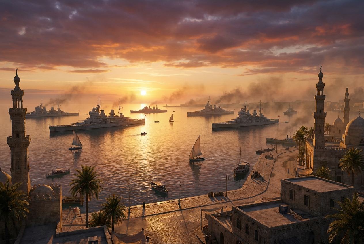 Britische Kriegsschiffe im Hafen von Alexandria bei Sonnenuntergang, im Vordergrund Minarette und Palmen