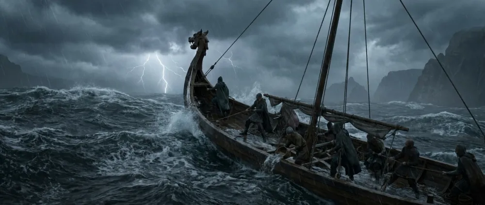 Ein einzelnes Wikinger-Langschiff kämpft sich durch raue See unter einem dramatischen grauen Himmel Ein einzelnes Wikinger-Langschiff kämpft sich durch raue See unter einem dramatischen grauen Himmel