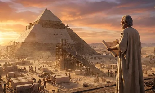 Ein ägyptischer Baumeister steht bei Sonnenuntergang vor den halbfertigen Pyramiden