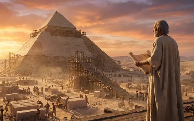 Ein ägyptischer Baumeister steht bei Sonnenuntergang vor den halbfertigen Pyramiden