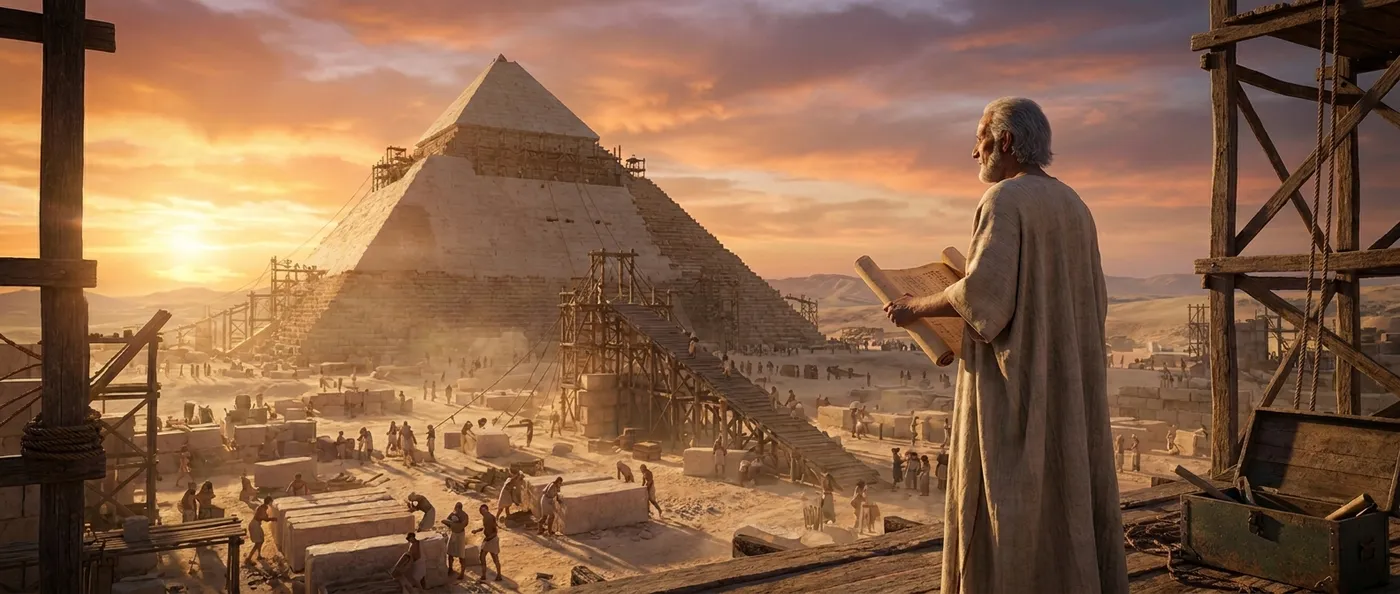 An Egyptian architect standing before the half-built pyramids at sunset
