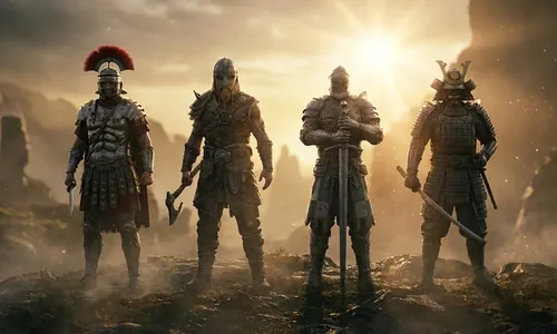 Ein römischer Centurio, ein Wikingerkrieger, ein mittelalterlicher Ritter und ein Samurai stehen gemeinsam in dramatischem goldenem Licht