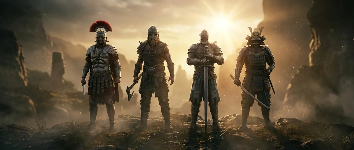 A Roman centurion, Viking warrior, medieval knight and samurai standing together in dramatic golden light