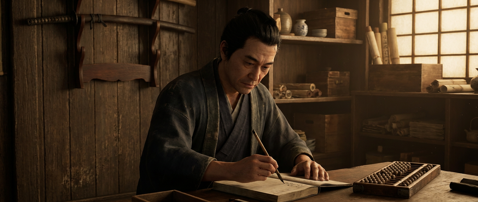 A Japanese former samurai in a kimono writes in a ledger in a merchant office of the 1870s, an abacus beside him, an empty sword rack on the wall