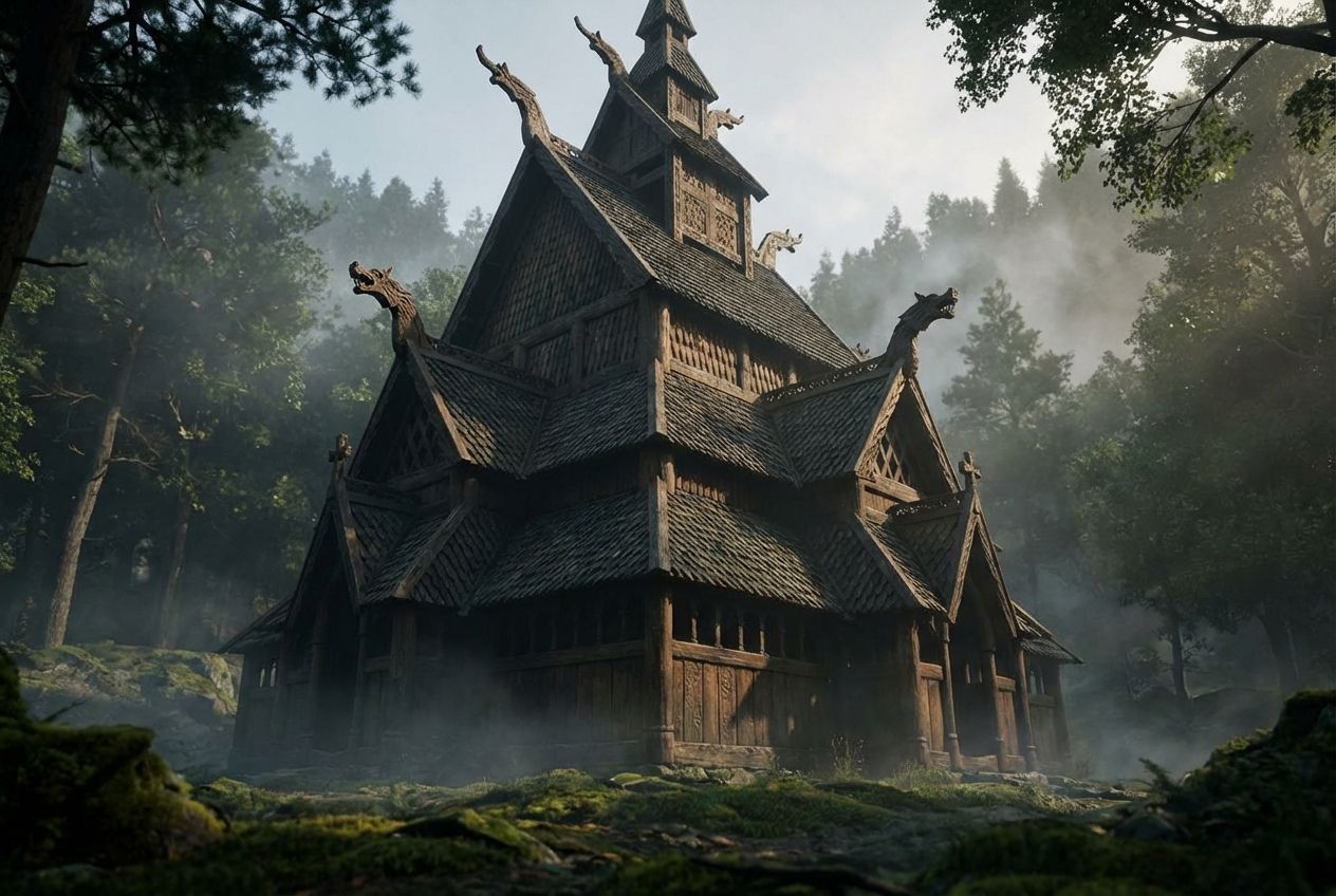 Eine hölzerne Stabkirche mit geschnitzten Drachenköpfen auf den Giebeln steht in einem nebligen Wald im Morgenlicht