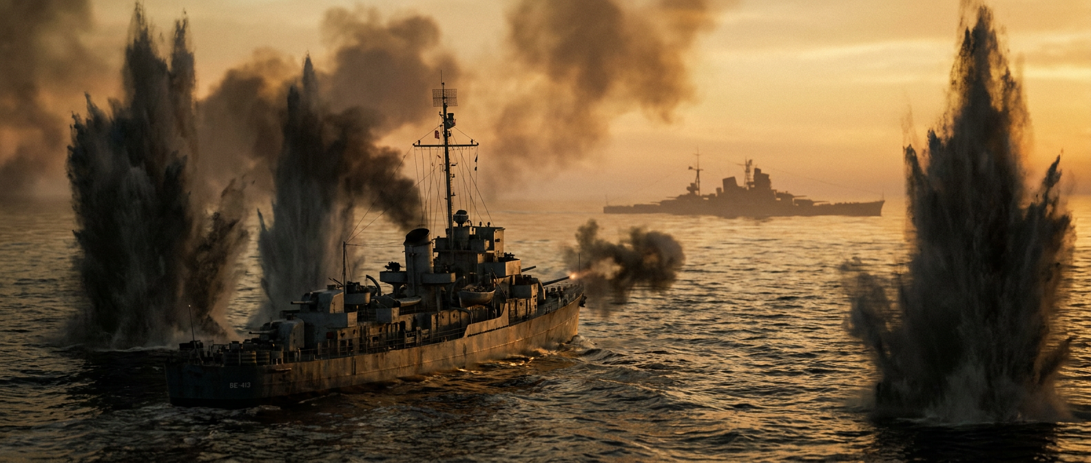 Der amerikanische Geleitzerstörer USS Samuel B. Roberts feuert vor Samar im Oktober 1944 aus seinen 5-Zoll-Geschützen auf einen japanischen Kreuzer, Rauch und hohe Granateinschläge umgeben ihn