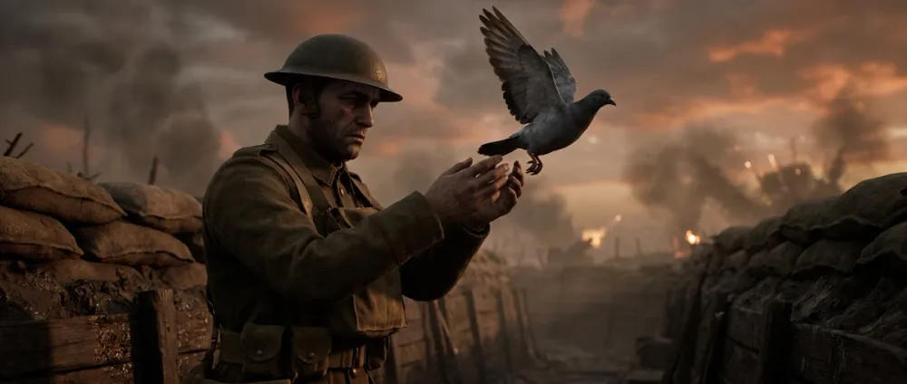 A WWI soldier in a trench releasing a carrier pigeon into a dramatic dusk sky A WWI soldier in a trench releasing a carrier pigeon into a dramatic dusk sky