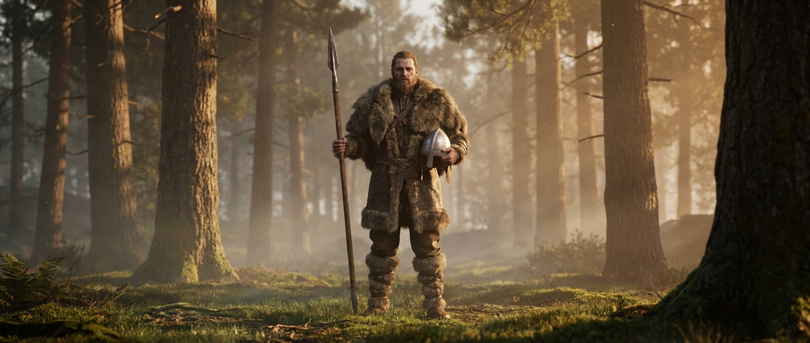 Viking warrior in a thick shaggy fur coat and fur trousers stands with a spear in a misty forest clearing