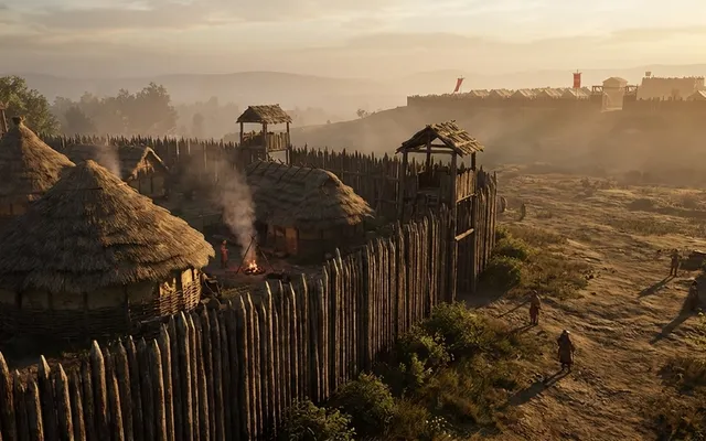 A fortified Gaulish village behind a wooden palisade, with a distant Roman military camp visible on the horizon