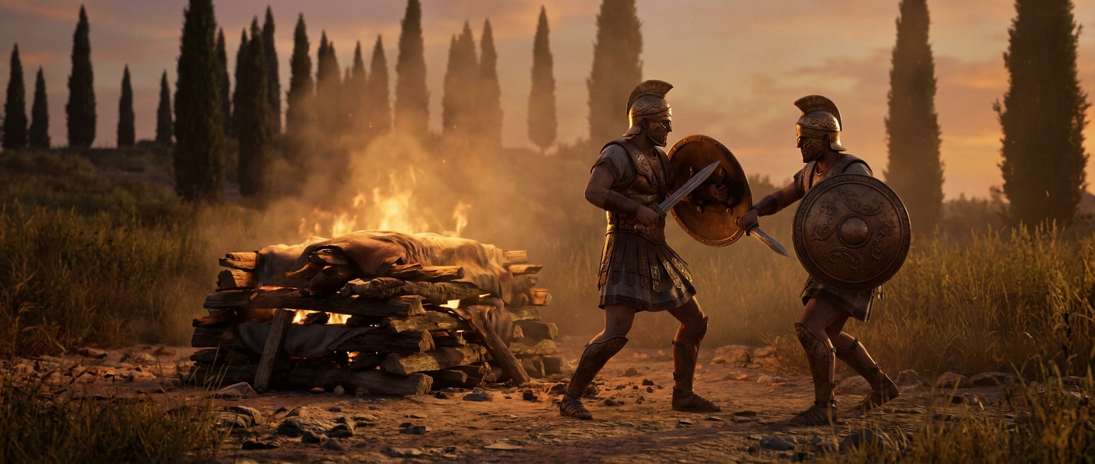 Zwei etruskische Krieger mit Bronzehelmen und runden Schilden kämpfen bei Dämmerung neben einem Scheiterhaufen auf einem italischen Feld