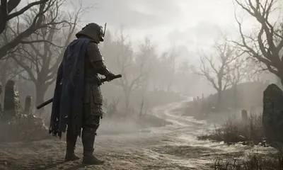 A lone samurai without a clan crest stands at a misty crossroads