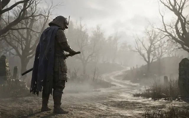 A lone samurai without a clan crest stands at a misty crossroads