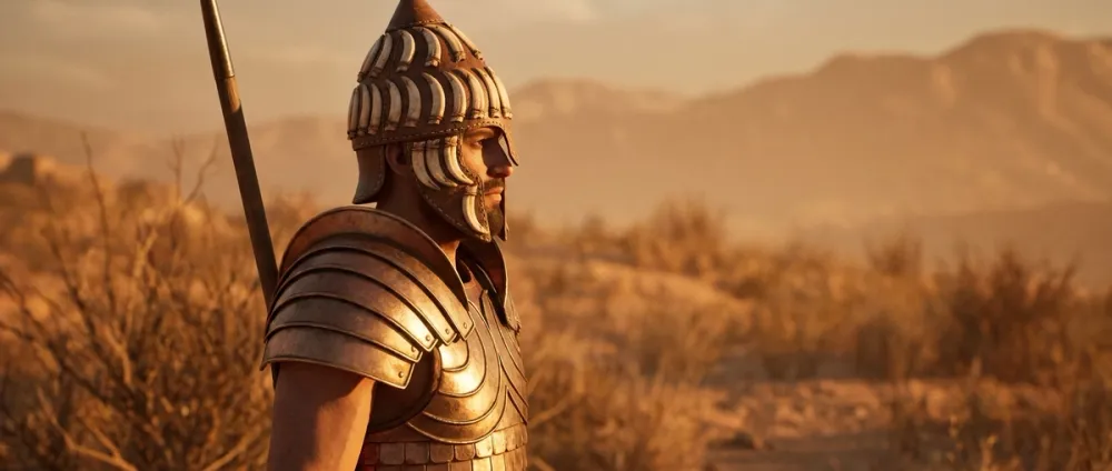 Ein bronzezeitlicher mykenischer Krieger mit Eberzahn-Helm und Bronze-Plattenrüstung Ein bronzezeitlicher mykenischer Krieger mit Eberzahn-Helm und Bronze-Plattenrüstung