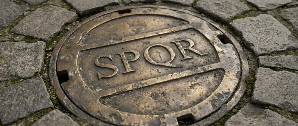 Die Buchstaben SPQR sind auf einen alten römischen Kanaldeckel im Straßenpflaster geprägt Die Buchstaben SPQR sind auf einen alten römischen Kanaldeckel im Straßenpflaster geprägt