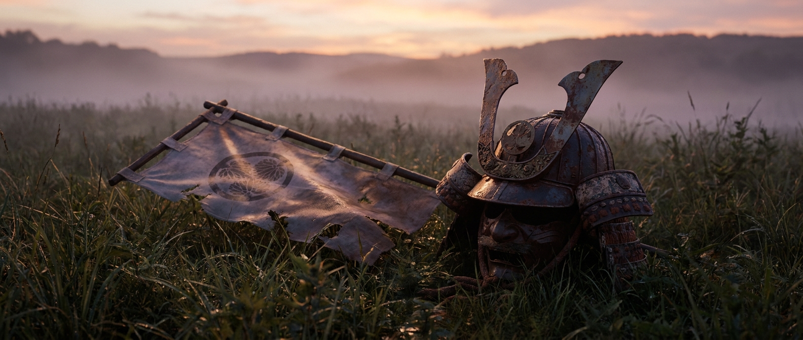 A single samurai helmet and a torn banner lie in wet grass at dawn, no people