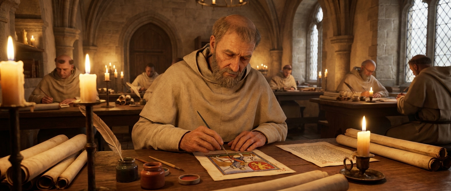 A monk scribe paints a miniature of a knight with a coat of arms in a monastery scriptorium