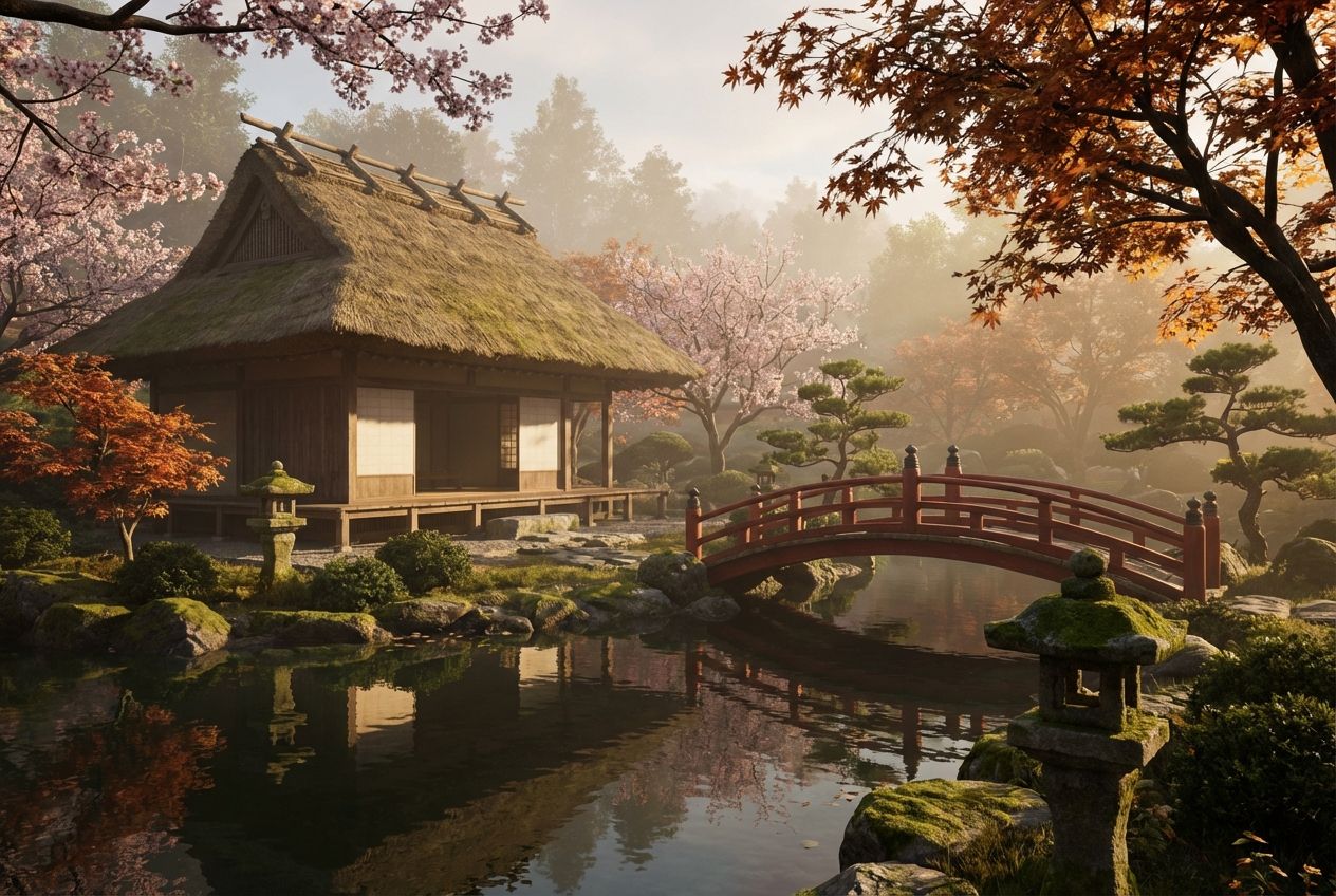 Ein Teehaus mit Strohdach steht in einem japanischen Garten mit Teich, roter Brücke, Steinlaternen, Kirschblüten und Ahorn